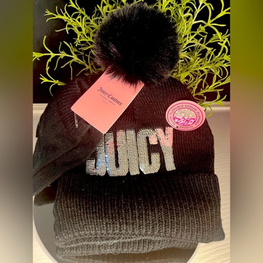 Juicy Couture Sequin Logo Beanie & Gloves Set Black Pom Hat NWT